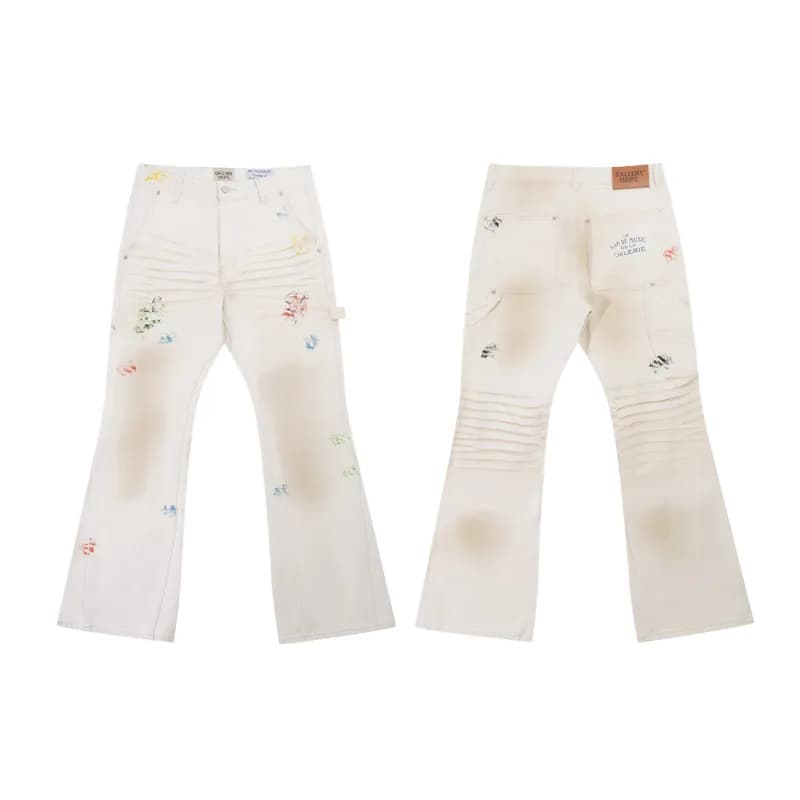 Paint-Splatter Denim Pants Artistic Hand-Painted — 660洗水米白色