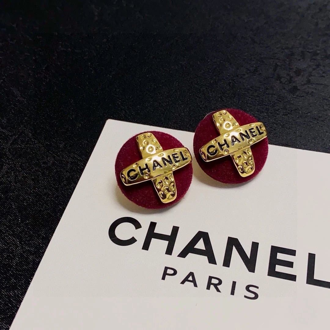 Chanel CC Logo Stud Earrings Velvet Base with Gold-Tone CC