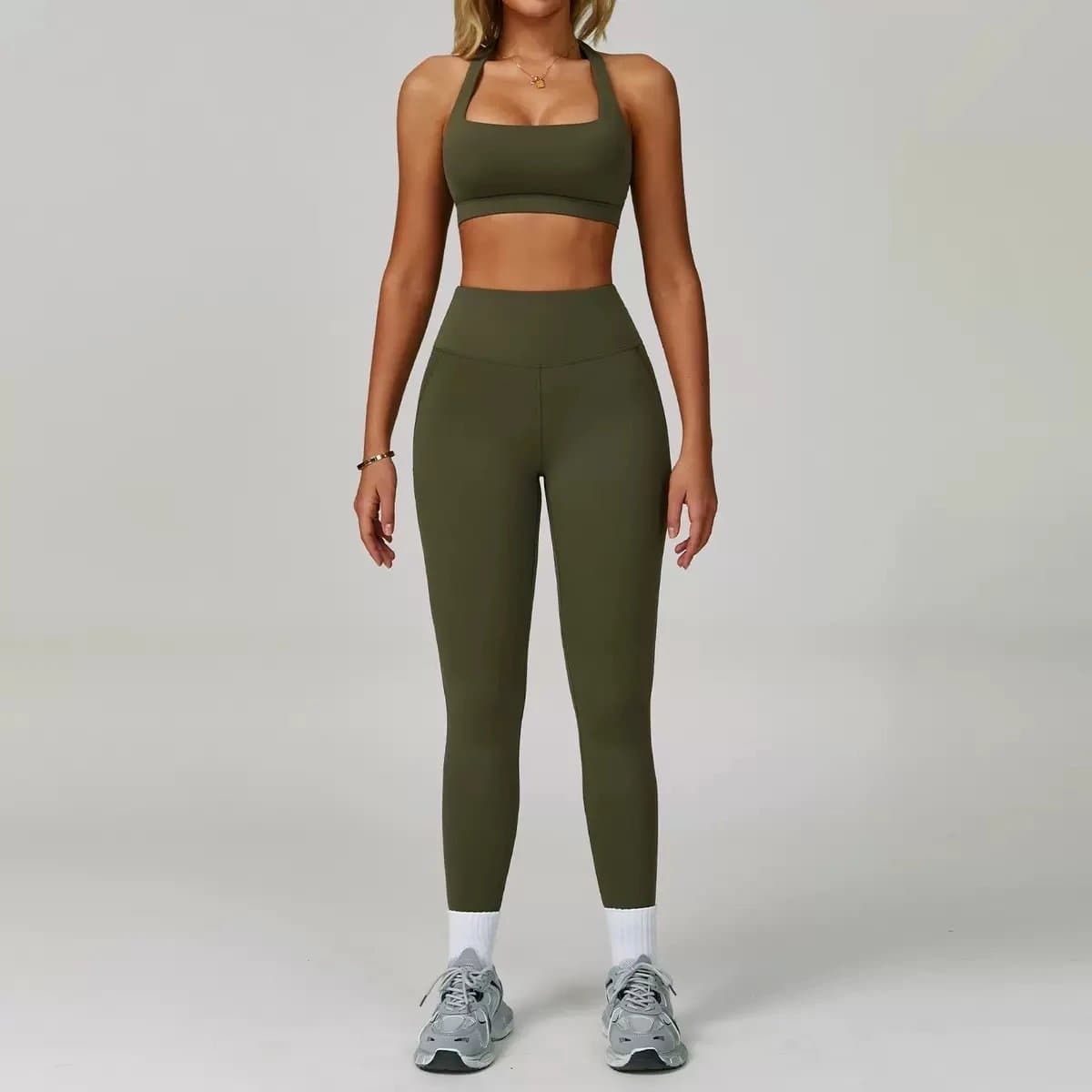 Lululemon High-Waisted Leggings & Sports Bra Set Olive Green