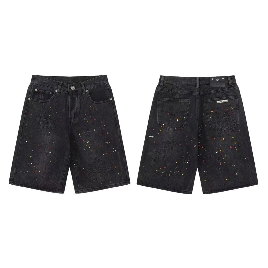 Chrome Hearts Denim Shorts Splatter Paint Cross Embroidery