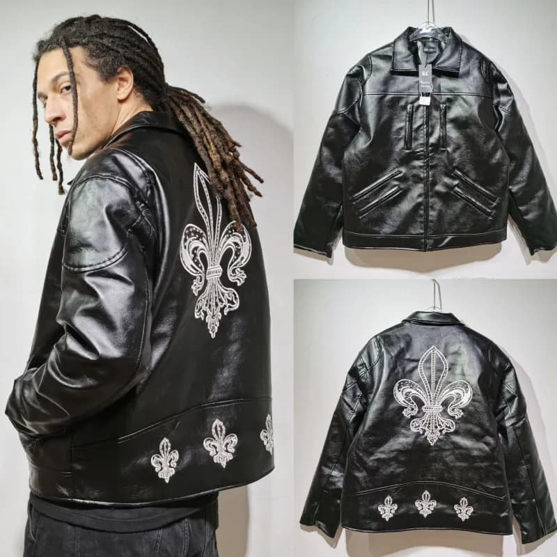 Chrome Hearts Fleur-de-Lis Embroidered Jacket Black Leather with Silver Embroidery