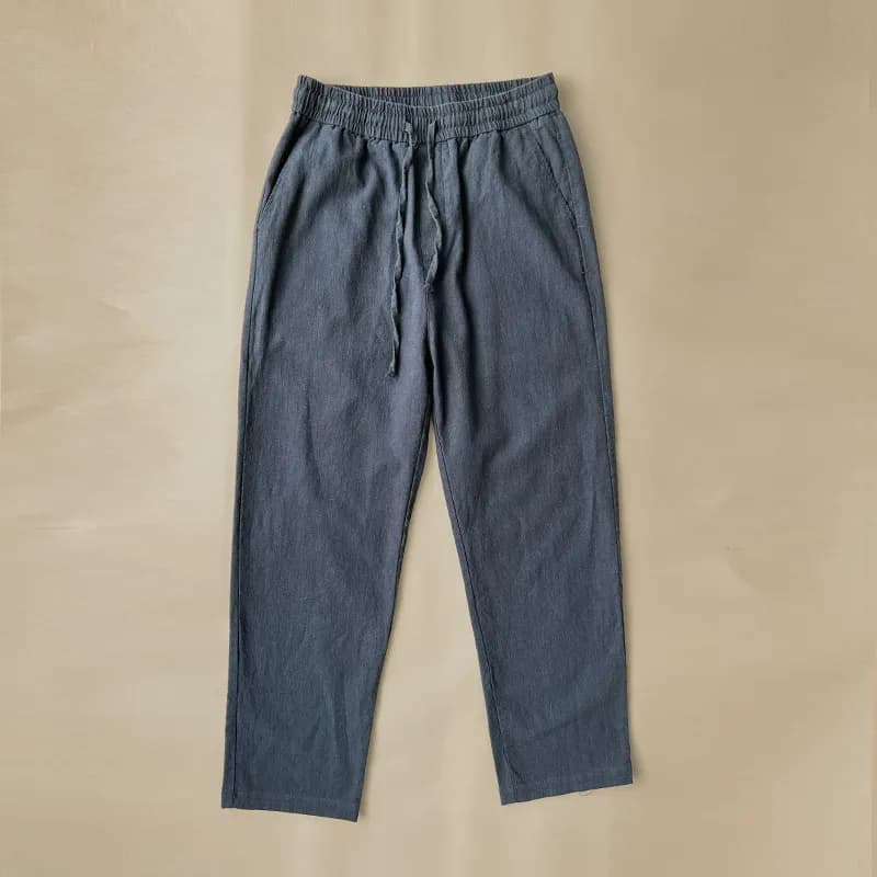 Drawstring Tapered Trousers Washed Linen Blend — 藏青
