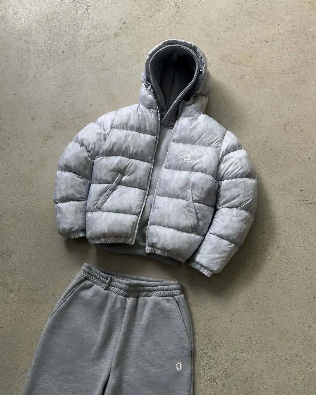 Fear of God Essentials Puffer Jacket & Sweatpants Set Marbled Grey