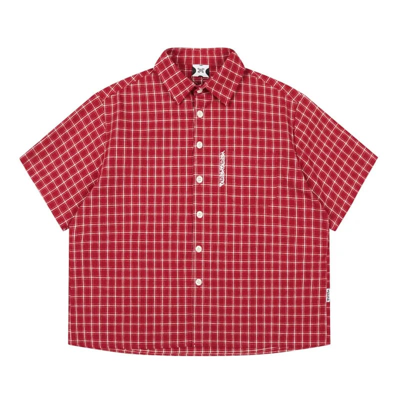 Off-White Short-Sleeve Button-Up Shirt Grid Check