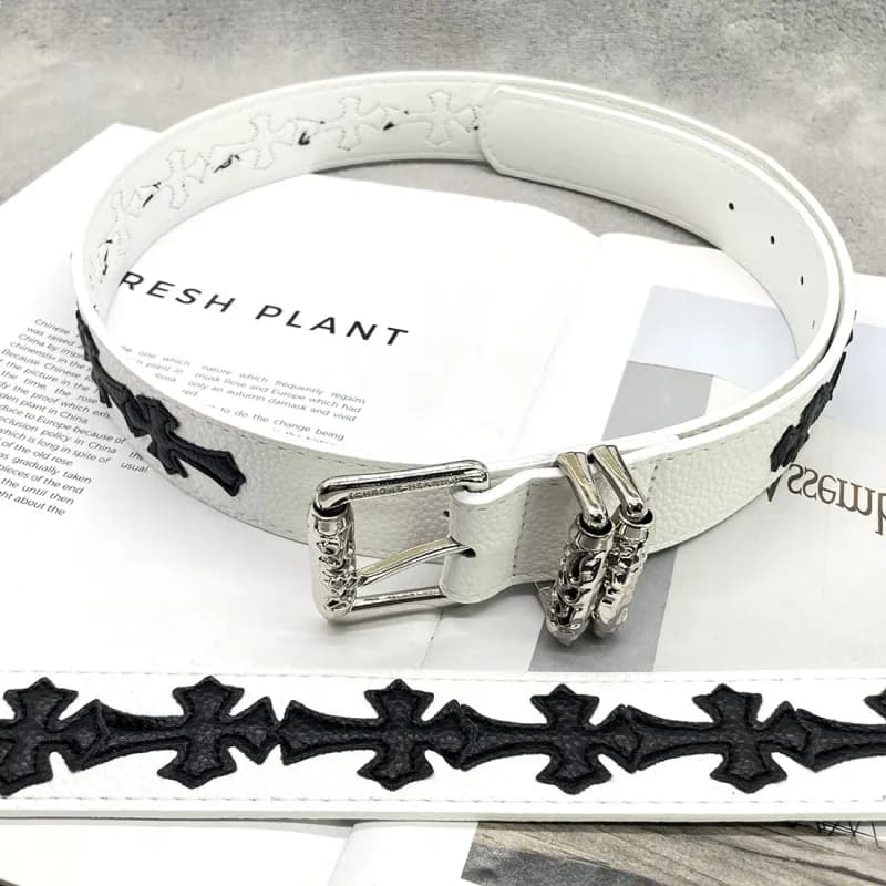 Chrome Hearts Cross Belt White Leather with Black Cross Embroidery