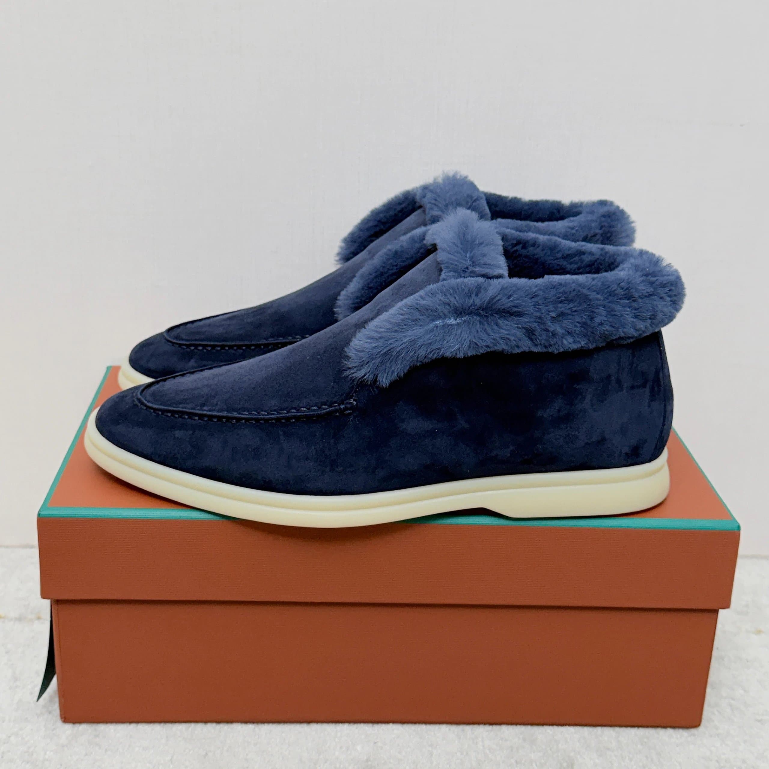 Loro Piana Fur-Trimmed Loafer Navy Suede with Shearling Trim