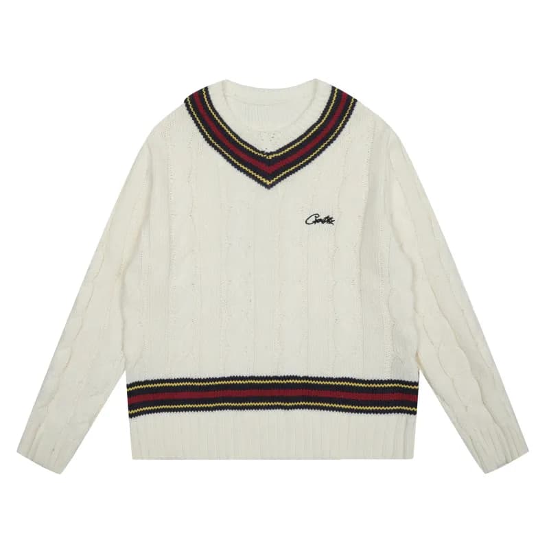 Chrome Hearts V-Neck Cable Knit Sweater Cricket Stripe Trim