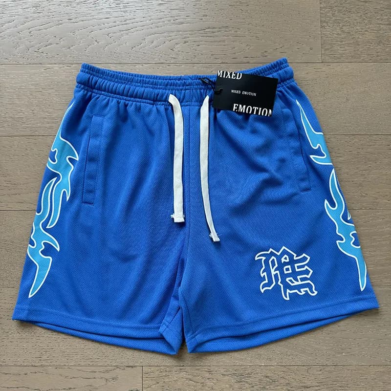 Mixed Emotion Flame Print Shorts Blue with White Flame Graphic