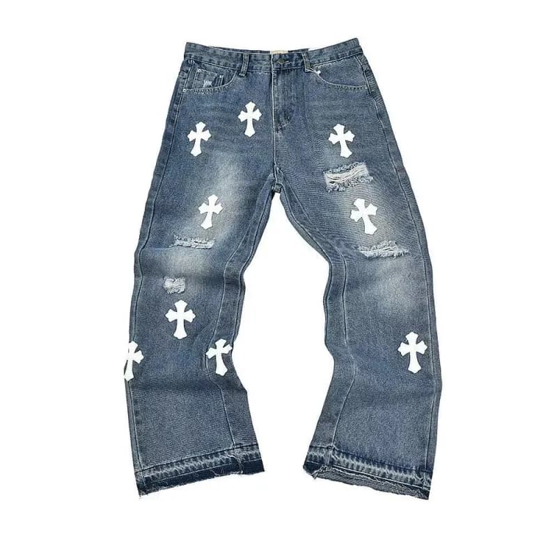 Chrome Hearts Cross Patch Jeans Distressed with White Crosses