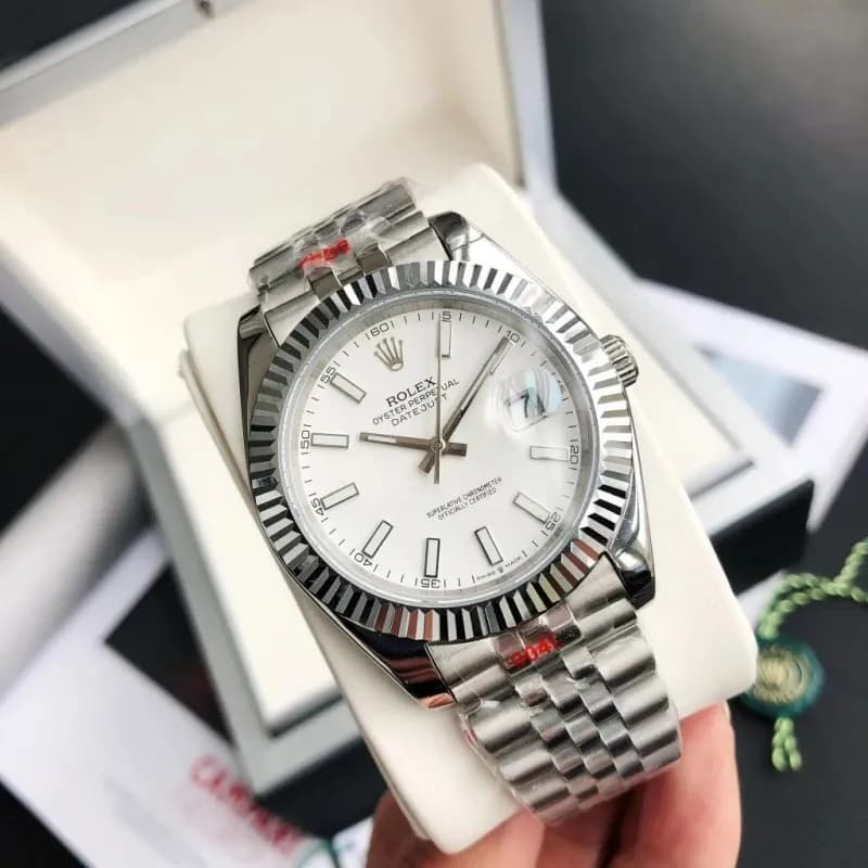 Rolex Oyster Perpetual Datejust Rose Gold Bezel — 银壳白盘·五珠钢带