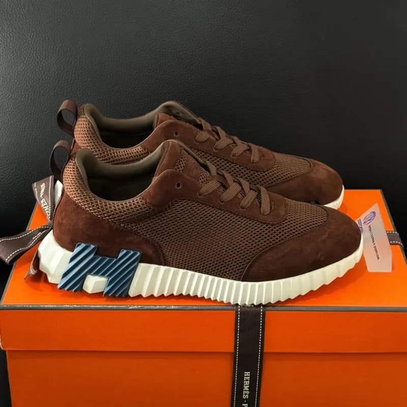 Hermès H-Stripes Sneaker Brown Suede and Mesh with Blue H Logo