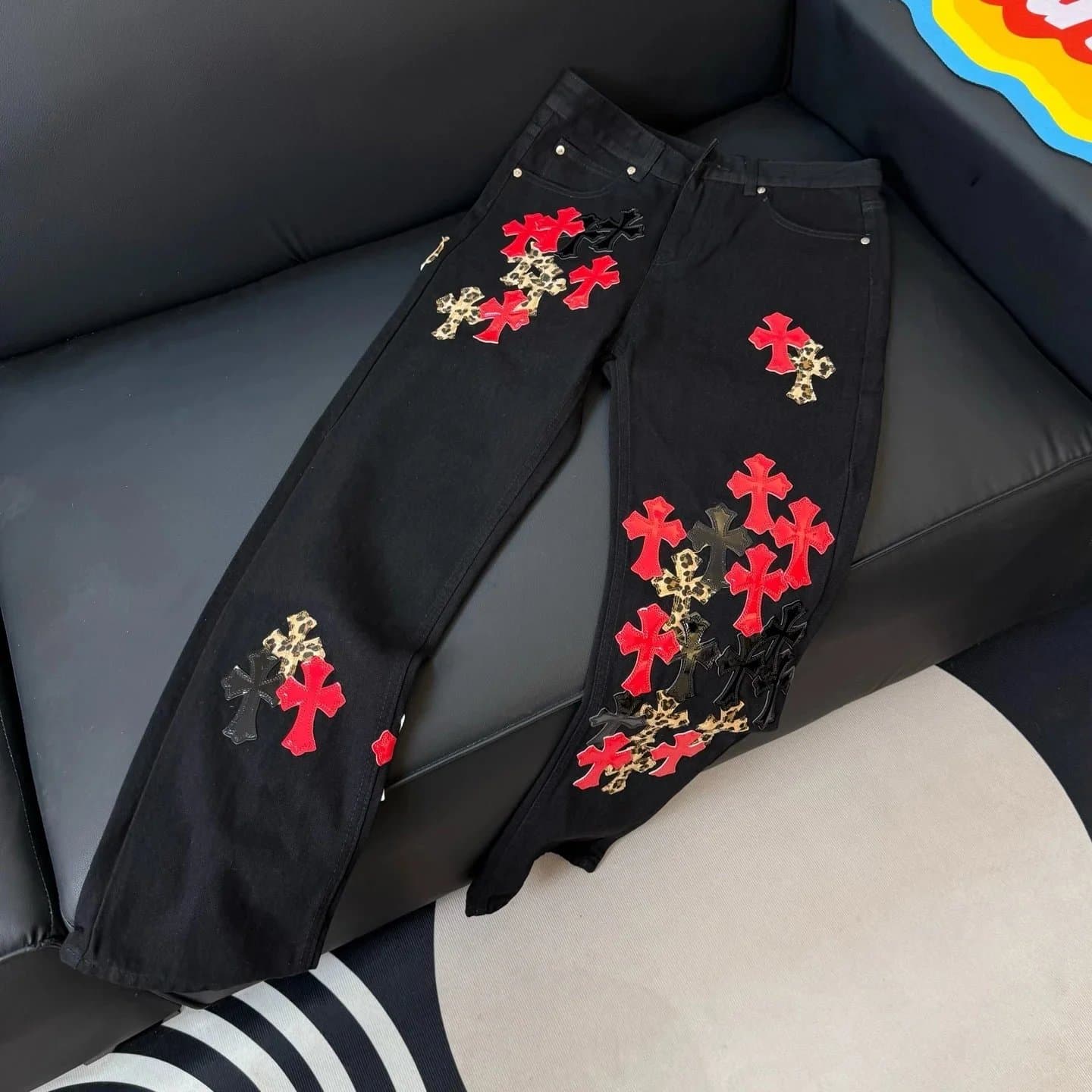 Chrome Hearts Cross Patch Jeans Leopard & Red Cross Appliqué
