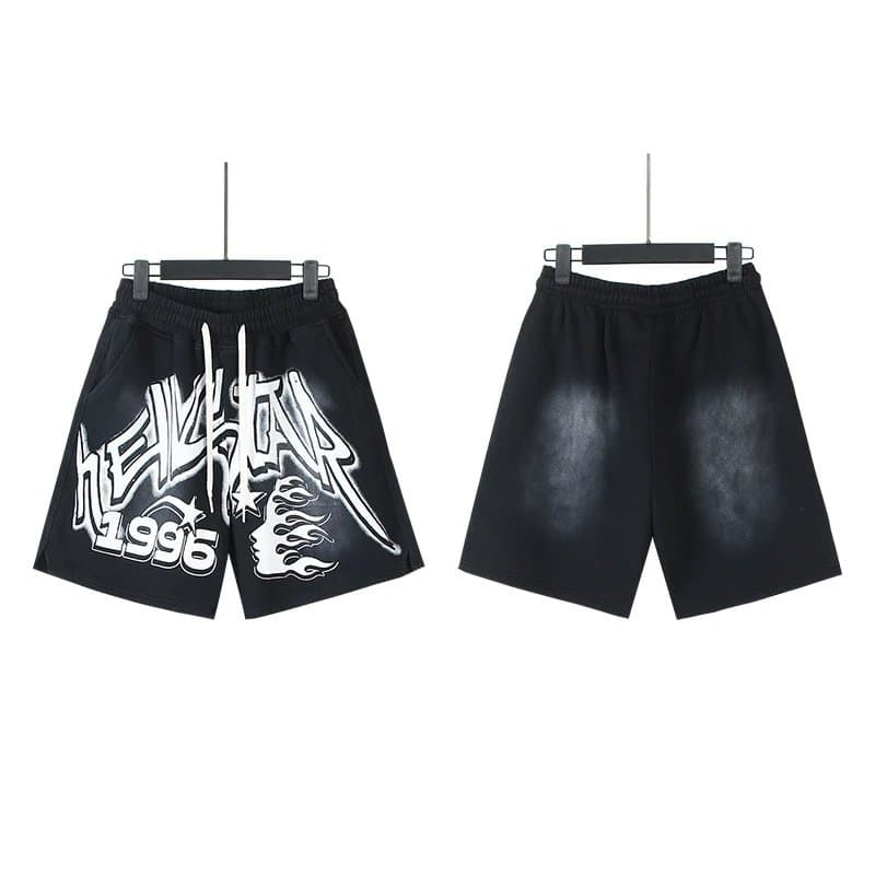 Sp5der Graphic Shorts Flame Print — 791水洗黑
