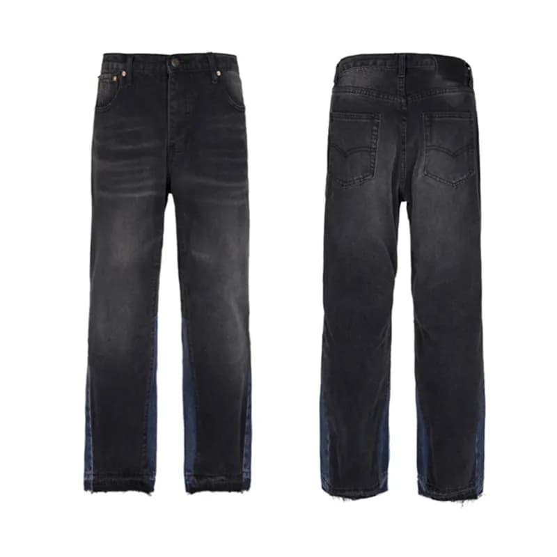 Paint-Splatter Denim Pants Artistic Hand-Painted — 936黑色拼蓝色