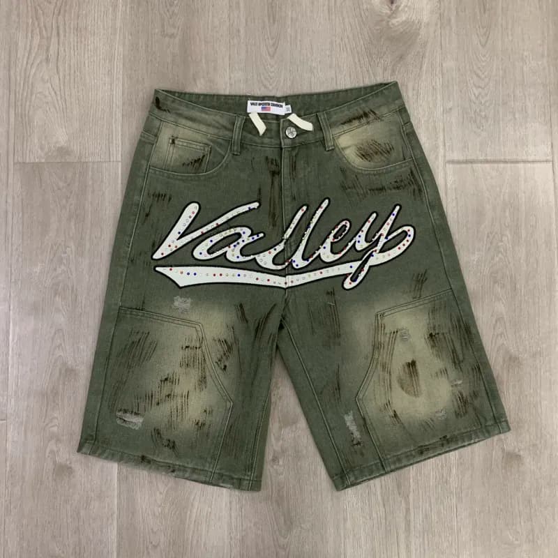 Distressed Denim Shorts Rhinestone Logo