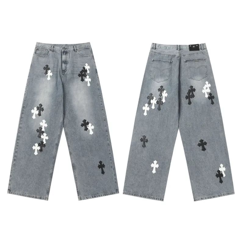 Chrome Hearts Cross Patch Jeans Black and White Cross Embroidery