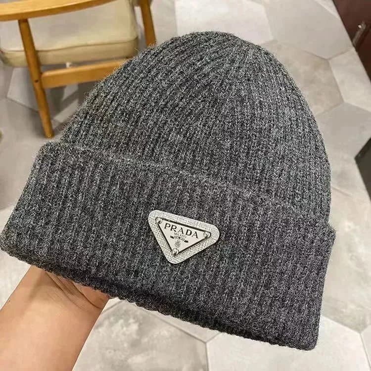 Prada Ribbed Beanie Metallic Triangle Logo