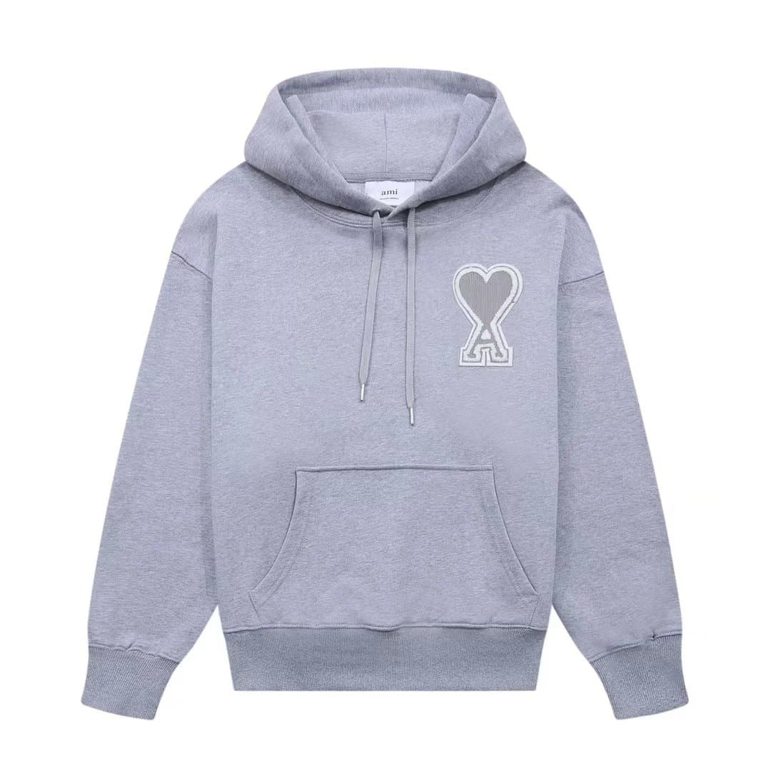AMI Paris Heart Logo Hoodie Heather Grey