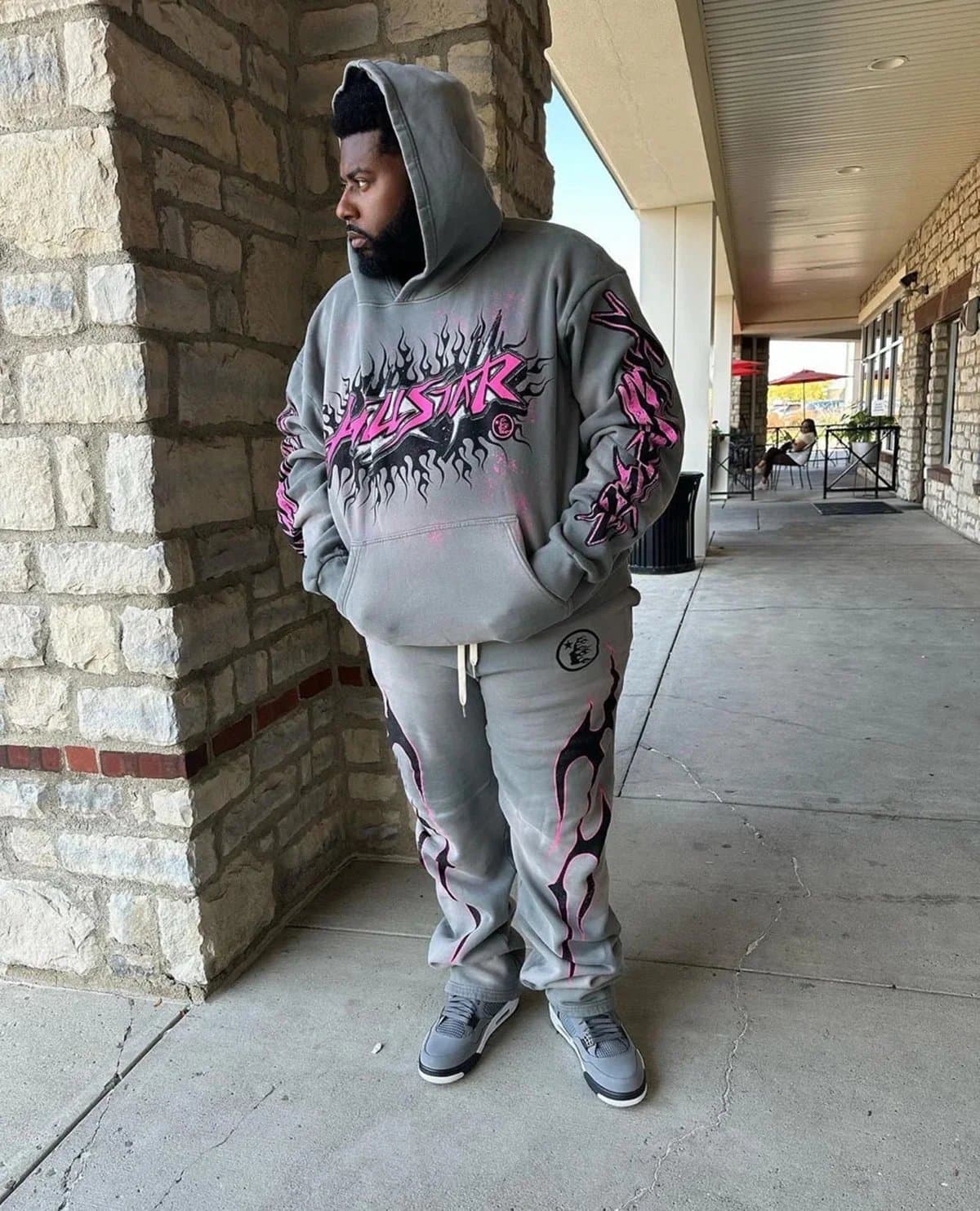 Hellstar Flame Hoodie Set Grey Flame Print