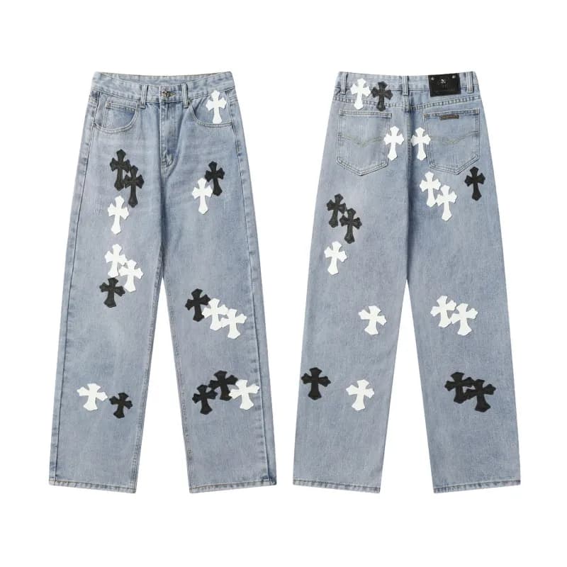Chrome Hearts Cross Patch Jeans Black and Light Blue Cross Appliqué — OF9960