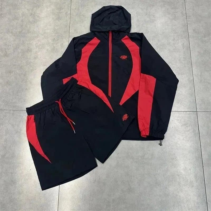 Sp5der Track Jacket & Shorts Set Black Red Panel