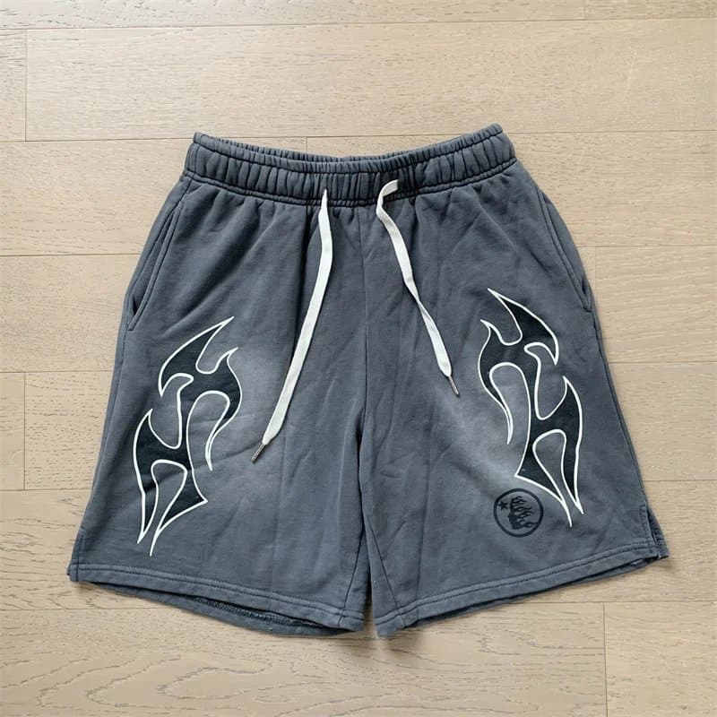 Hellstar Flame Graphic Shorts Charcoal with White Flame Print