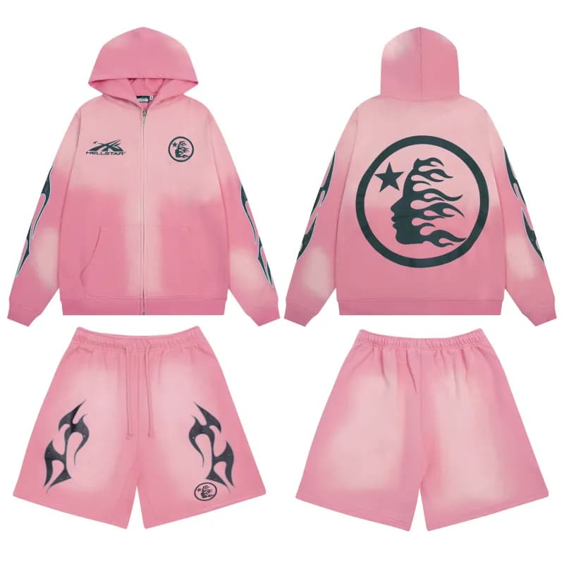 Hellstar Zip-Up Hoodie & Shorts Set Flame Print Dip-Dye