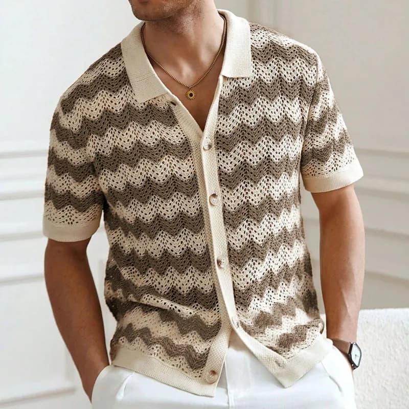 Knit Polo Shirt Wave Pattern — 棕色