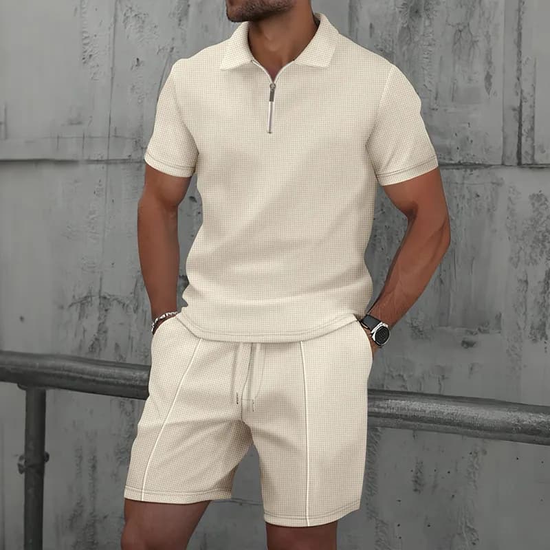 Polo Shirt Zip-Neck Waffle Knit — 米白色