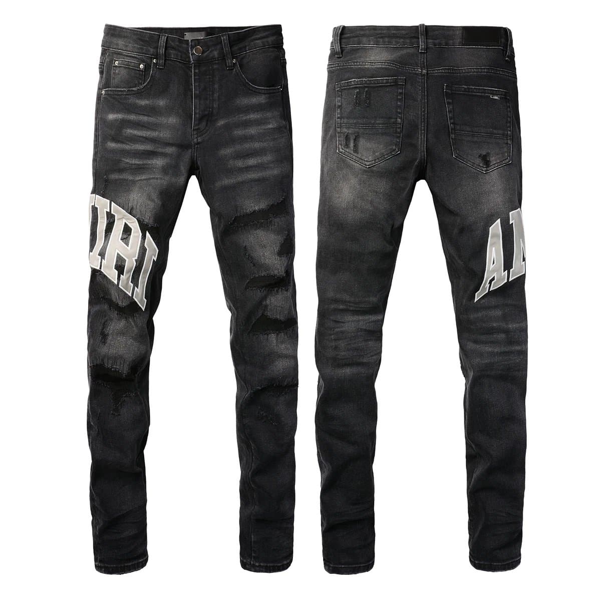 Amiri Distressed Slim Fit Jeans Logo Patch & Raw Repair — A65