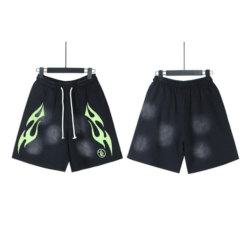 Hellstar Graphic Sweat Shorts Flame Logo — 777水洗黑-绿