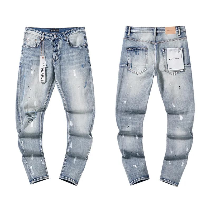 Distressed Slim Fit Jeans Light Wash with Paint Splatter