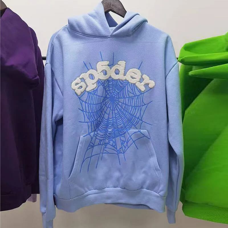 Sp5der Hoodie Spider Web Rhinestone — 天蓝色