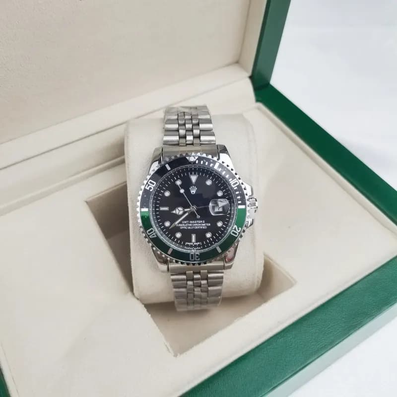 Rolex GMT-Master II Black Ceramic Bezel — Four-pin water ghost, five-bead silver strap, black and green circle, black face water ghost