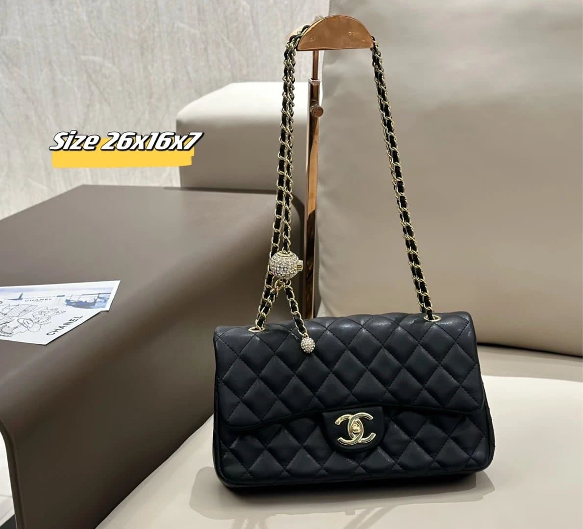 Chanel Classic Flap Bag Quilted Leather with Crystal Charm