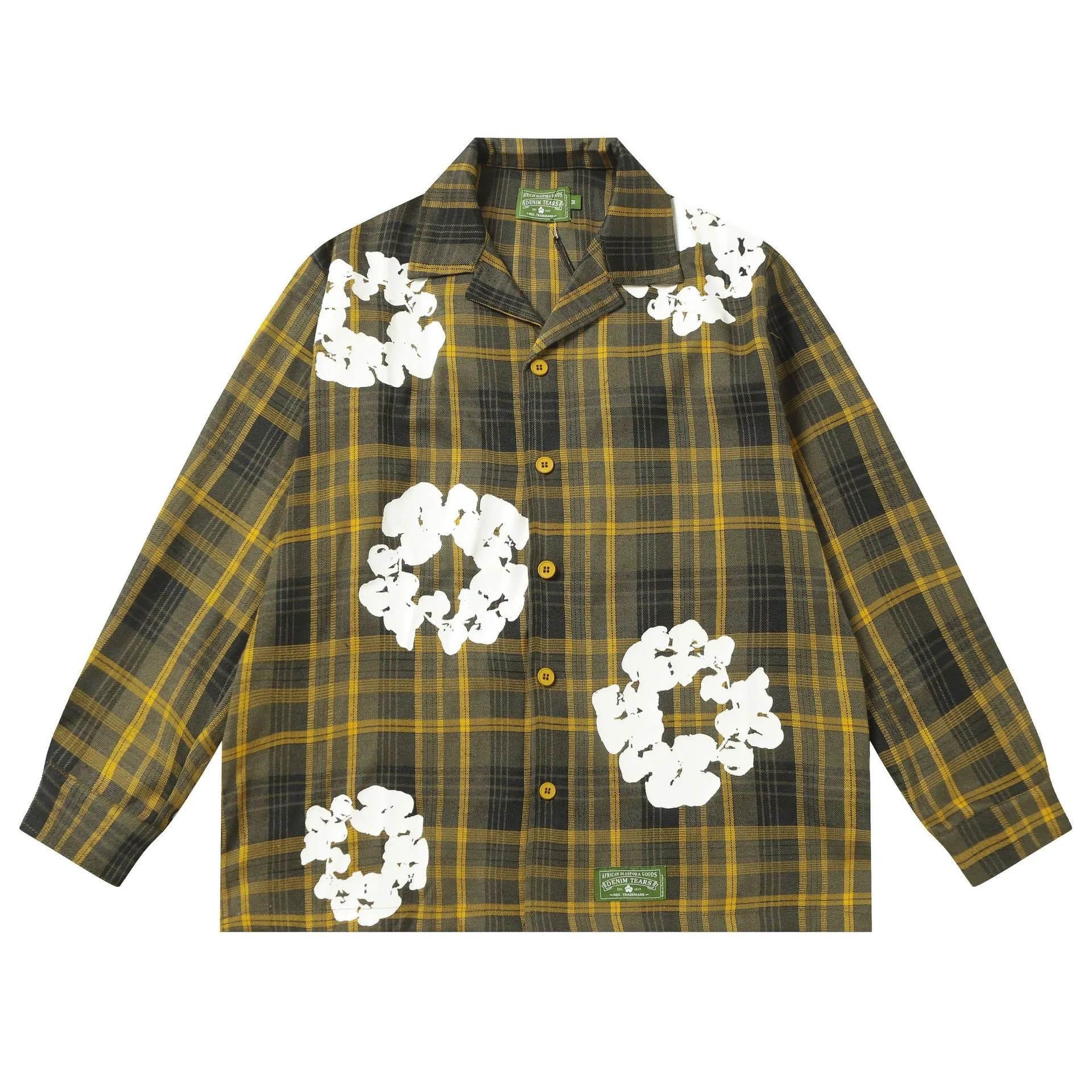 Denim Tears Floral Plaid Shirt Cotton Twill with White Floral Appliqué