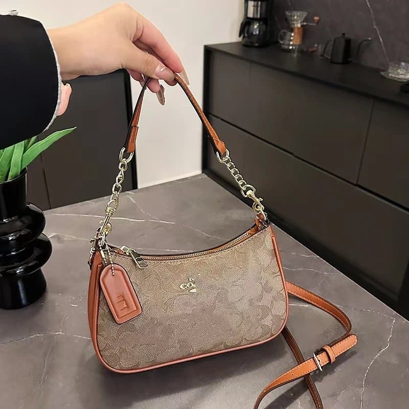 Coach Shoulder Bag Signature Canvas with Leather Trim
