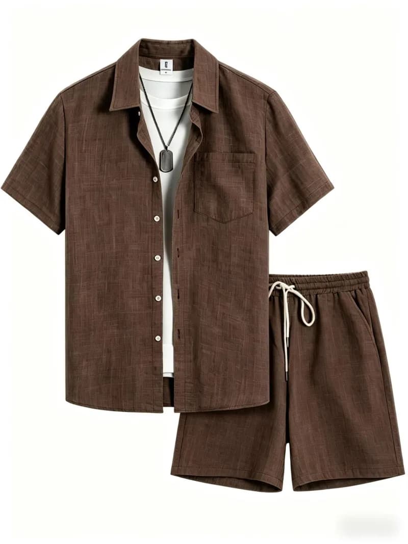 Short-Sleeve Shirt & Shorts Set Navy Linen-Blend — YNCD1264280000737