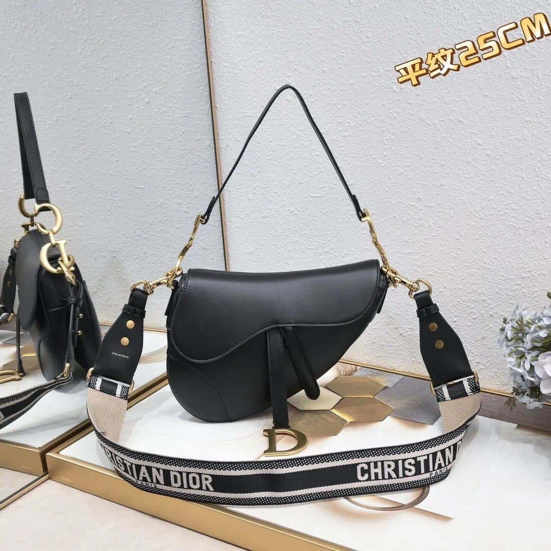 Dior Saddle Bag Black Leather with Oblique Strap