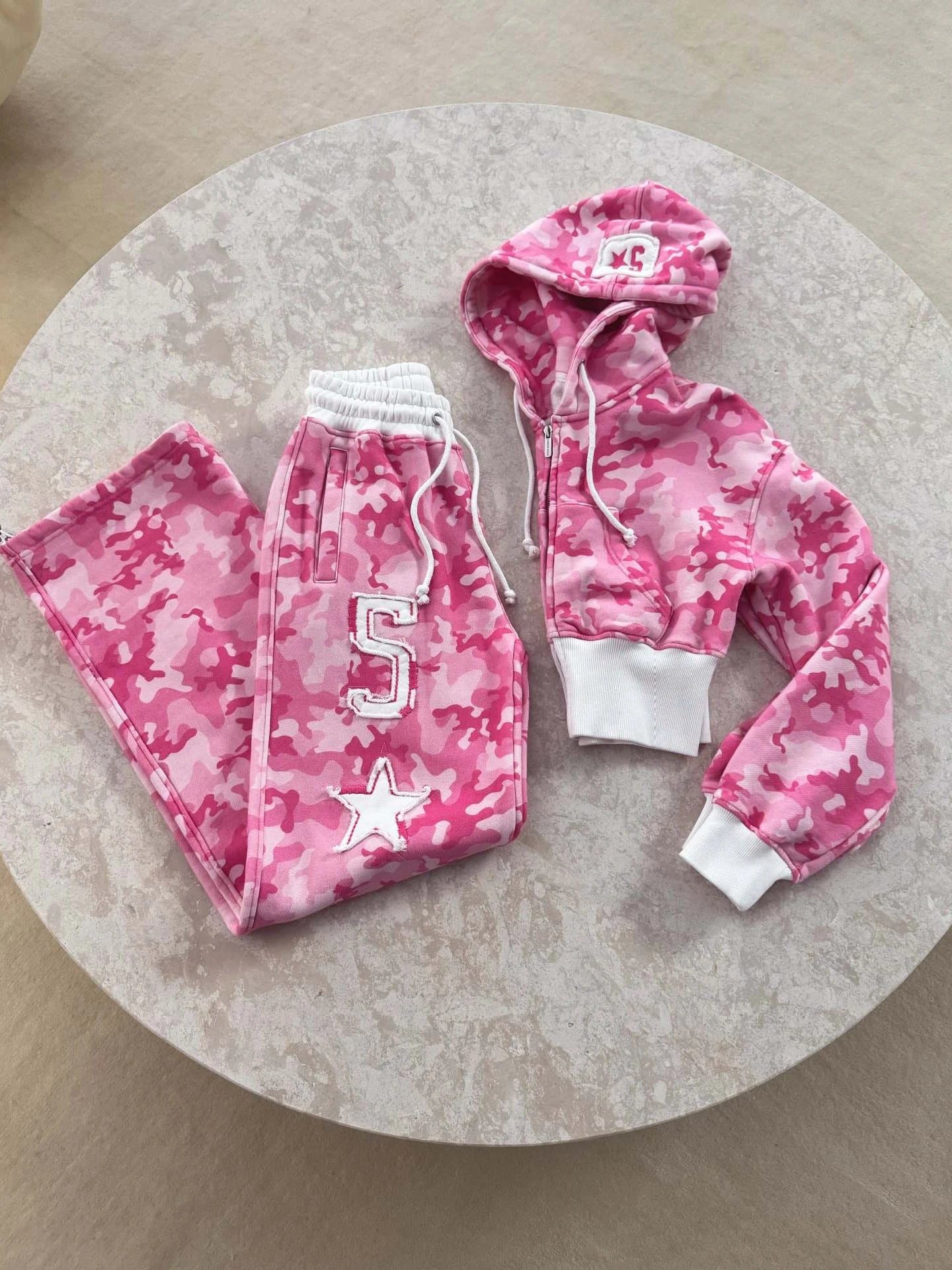 Corteiz Camo Hoodie and Joggers Set Pink Camo