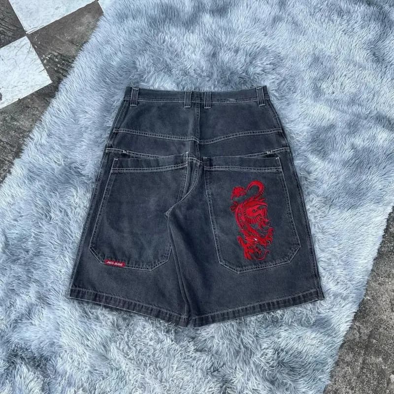 Denim Shorts Embroidered Bear — D10 black gray