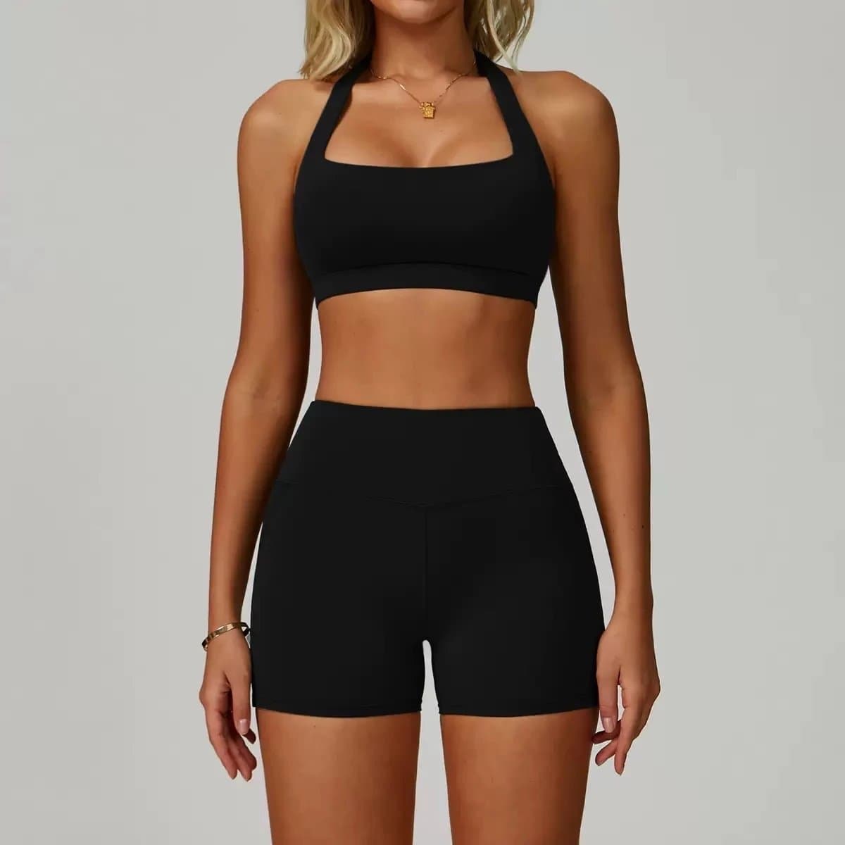 Lululemon Halter Sports Bra & High-Waisted Shorts Solid Black