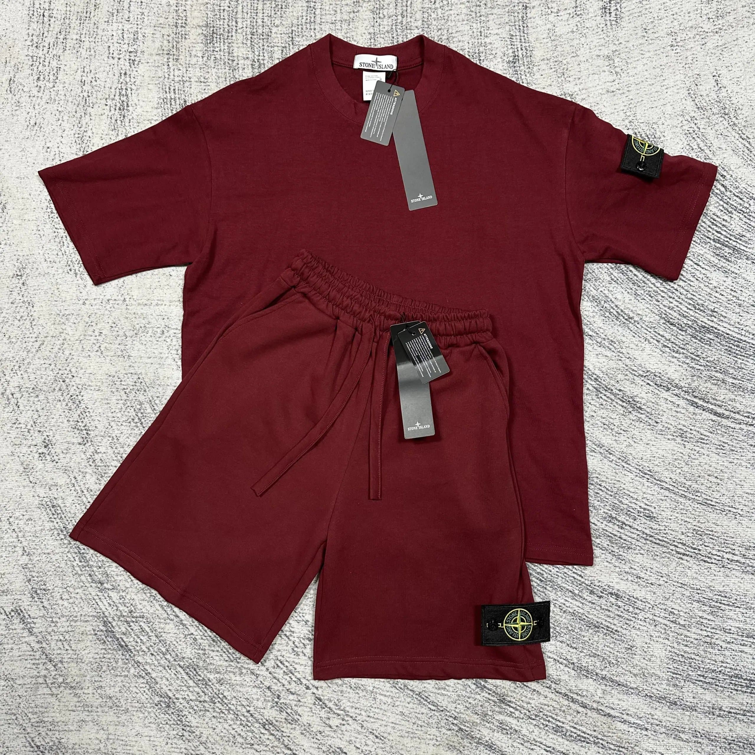 Stone Island T-Shirt and Shorts Set Burgundy