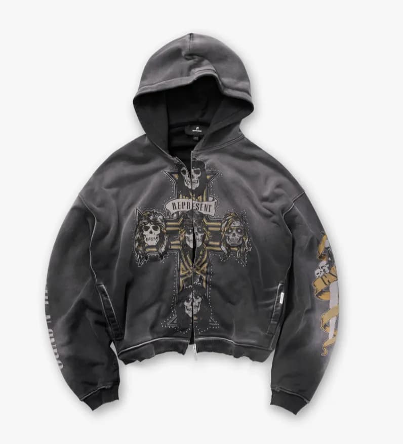 Represent Cropped Hooded Jacket Skull Cross Print
