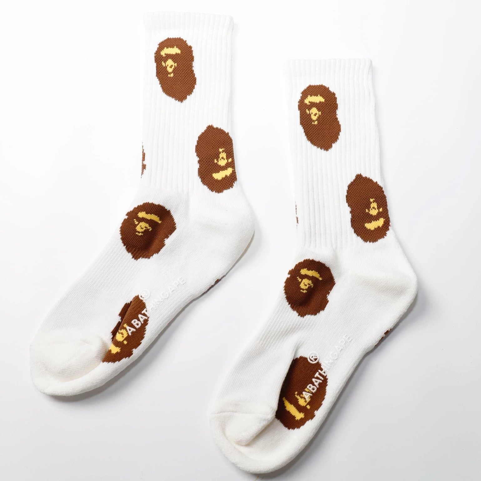 BAPE Crew Sock Embroidered Ape Head — 满印白