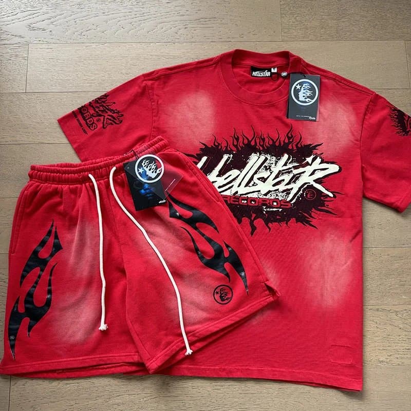 Hellstar Graphic Tee & Shorts Set Flame Print — 696-777套装