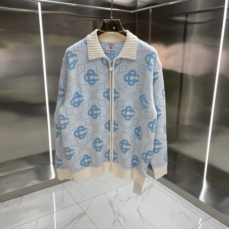 Casablanca Zip-Up Knit Cardigan Monogram Print