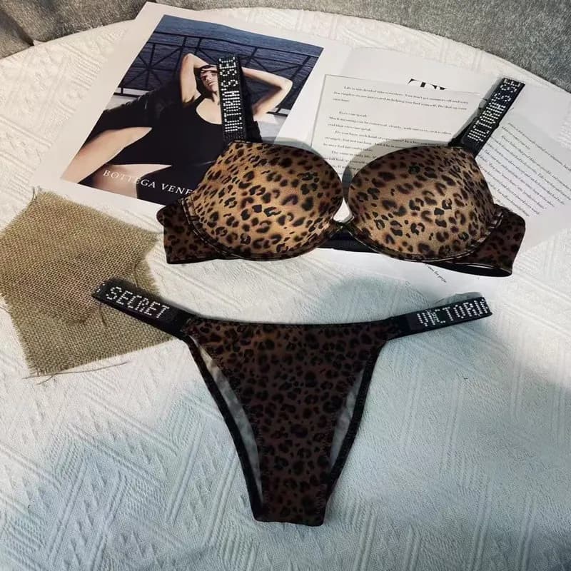 Bottega Veneta Push-Up Bra and Thong Set Leopard Print