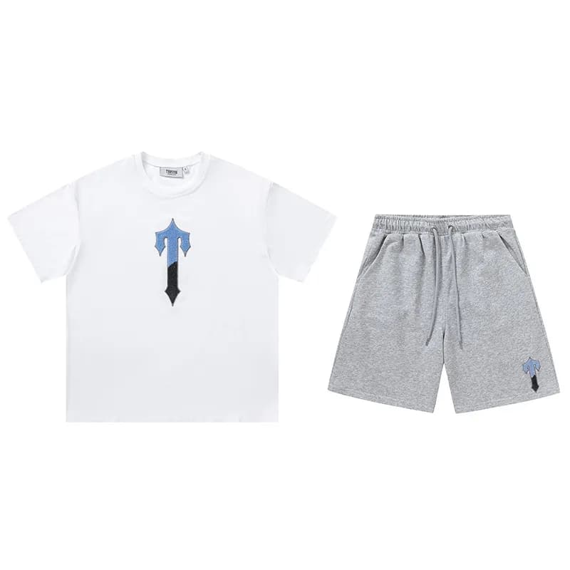 Trapstar Logo Tee & Shorts Set Arch Logo — P734蓝黑绣花白色套装