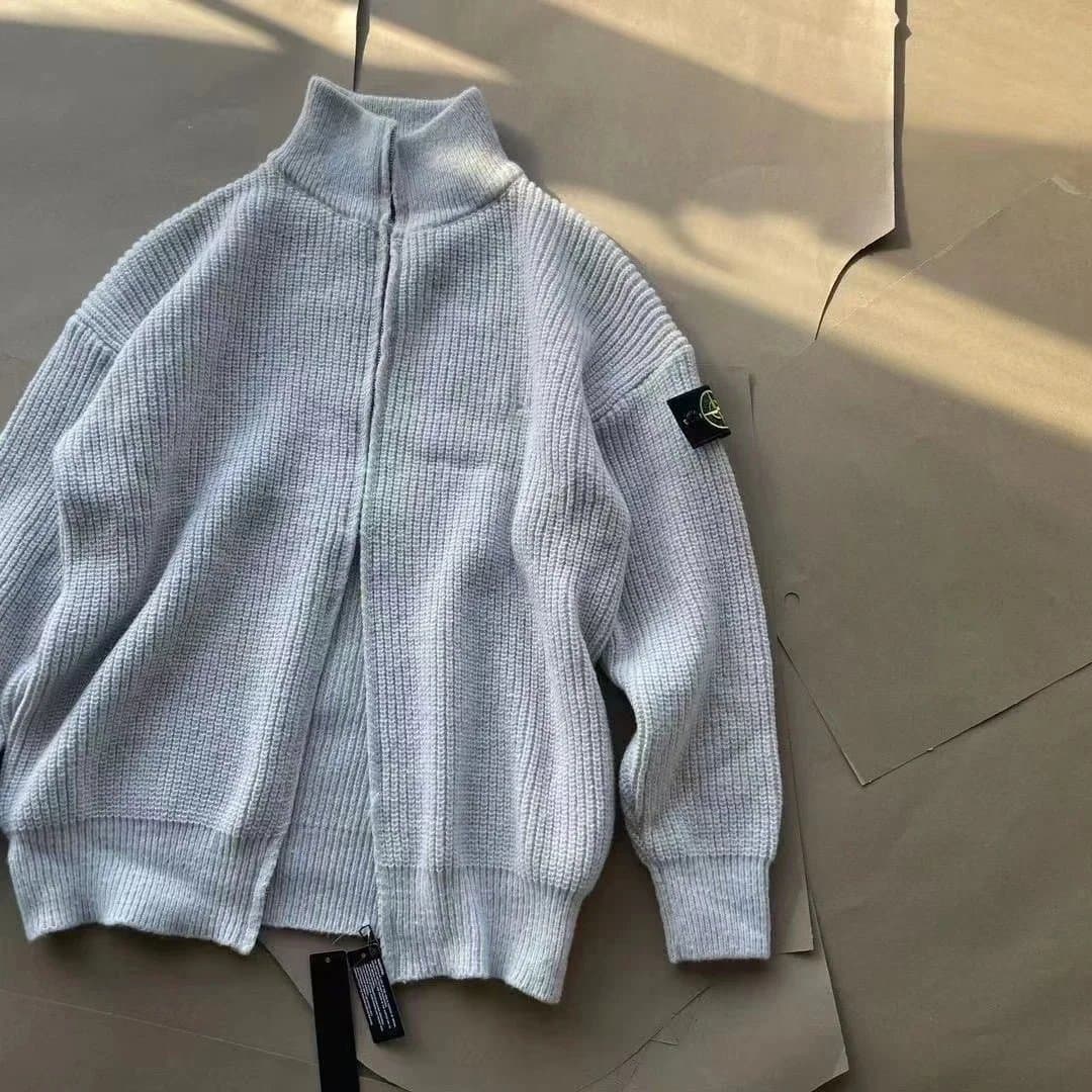 Stone Island Zip-Up Knit Cardigan Light Grey Ribbed